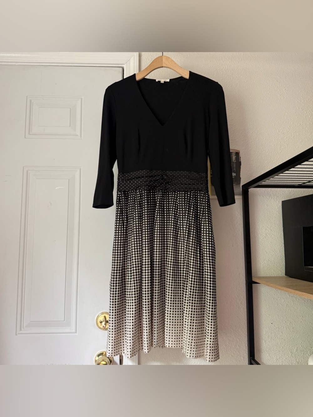 PAULE KA black white checker dot ombre mixed media v-neck 3/4 sleeve dress‎